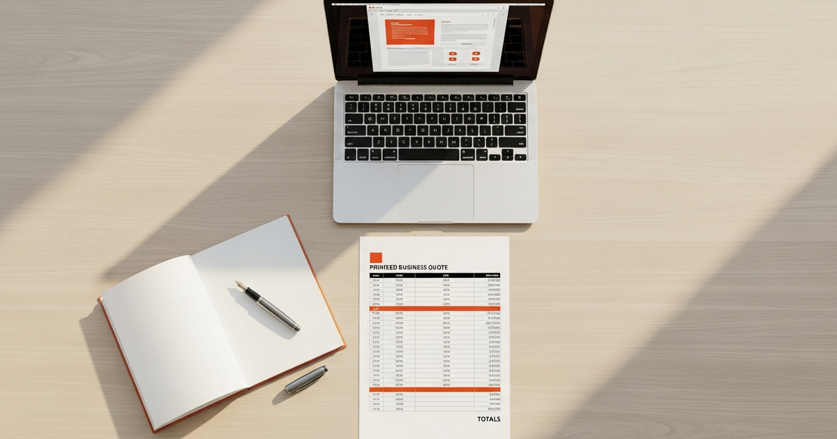 Schreibtisch mit Laptop, Notizblock und ausgedrucktem Angebot, Angebots-Automatisierung B2B Mittelstand, White Fox Automations Hamburg