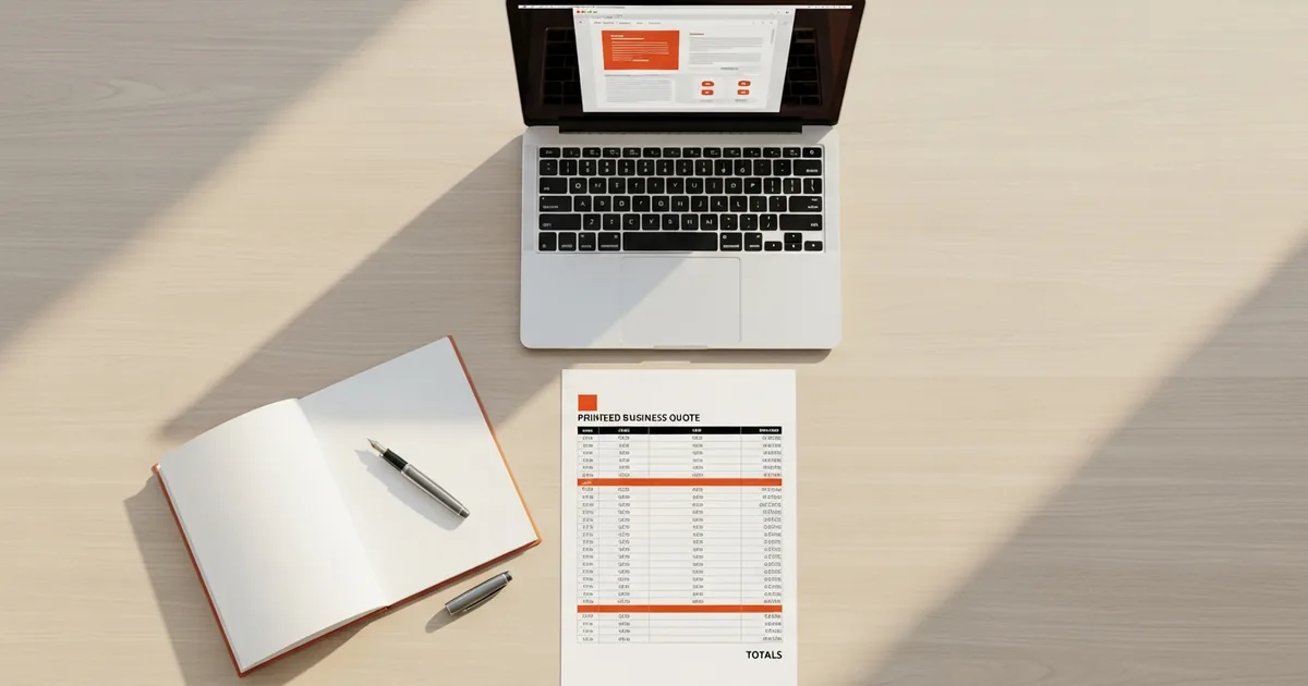 Schreibtisch mit Laptop, Notizblock und ausgedrucktem Angebot, Angebots-Automatisierung B2B Mittelstand, White Fox Automations Hamburg