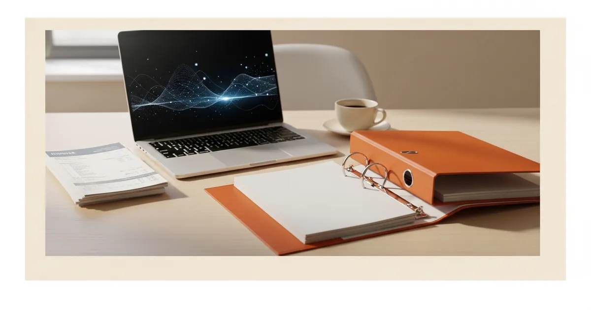 Hamburger Buchhaltungs-Schreibtisch mit Aktenordner, Laptop und Beleg-Stapel, OCR-Pipeline für DATEV im Mittelstand, White Fox Automations