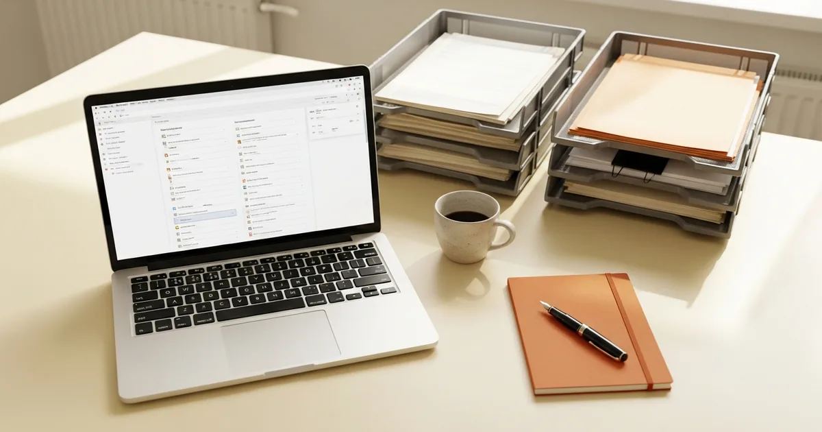 E-Mail-Automatisierung Mittelstand Klassifikation Posteingang, Laptop mit geöffneter Mailbox und Notizen, White Fox Automations Hamburg
