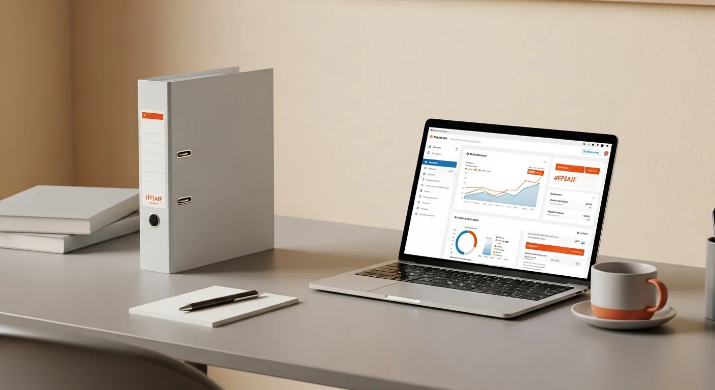 EU AI Act Mittelstand Compliance, Hamburger Office mit Aktenordner und Laptop, White Fox Automations