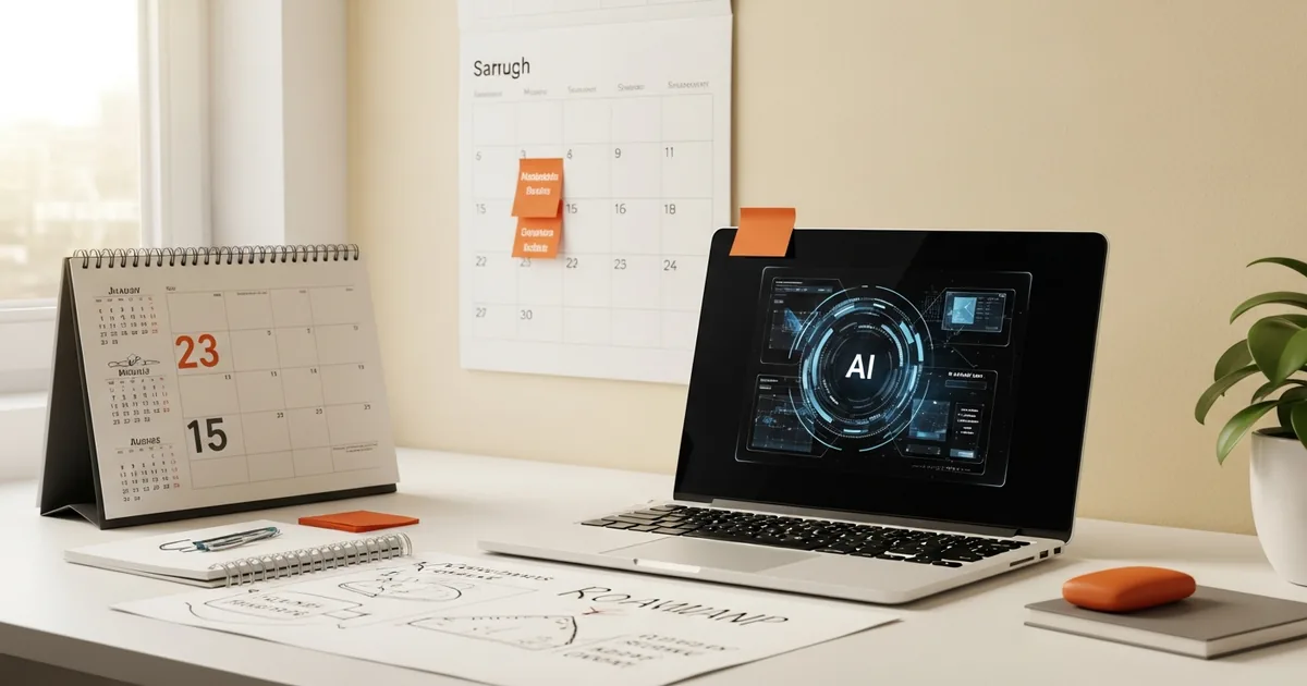 KI-Pilotprojekt Mittelstand 90 Tage Roadmap, Schreibtisch mit Wandkalender Notizblock und Laptop, White Fox Automations Hamburg