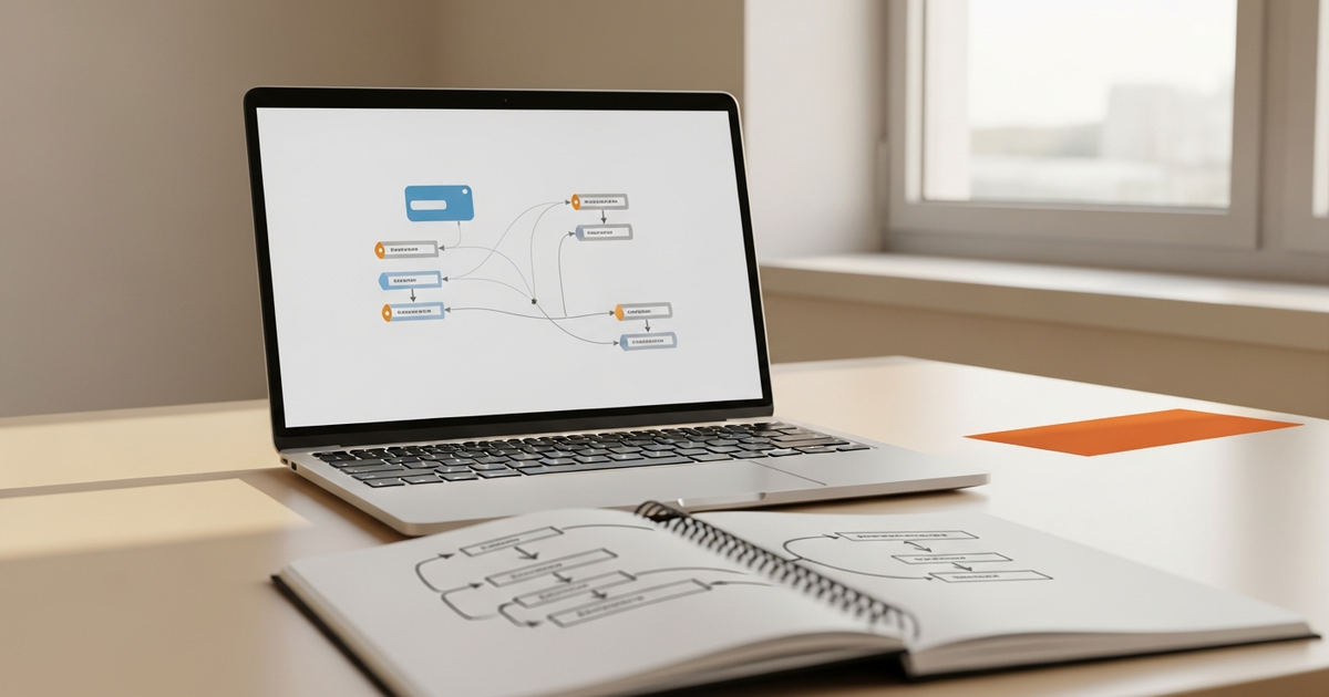 Workflow-Automatisierung Mittelstand n8n Make Zapier Vergleich, Schreibtisch mit Laptop und Notizen, White Fox Automations Hamburg