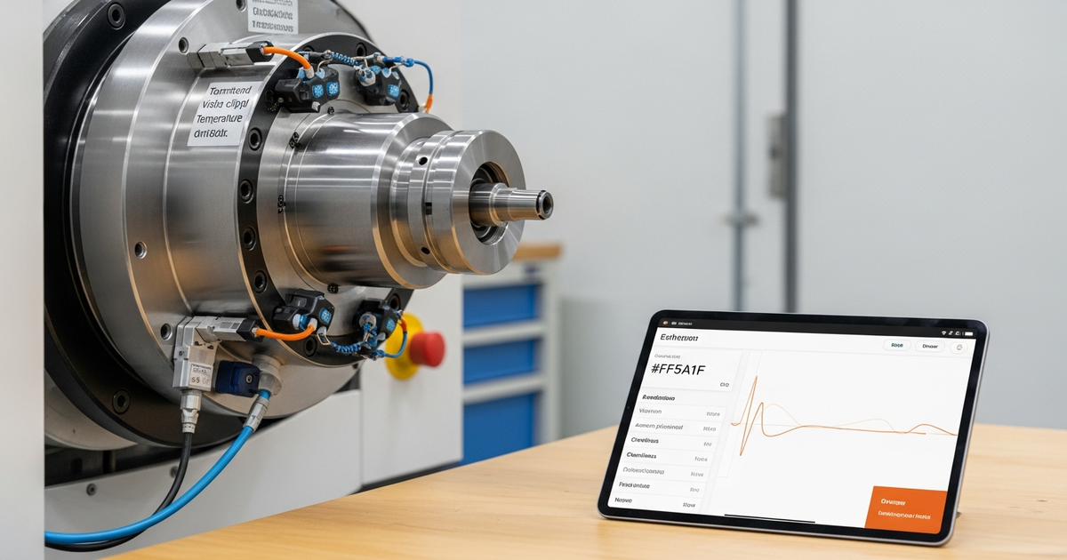 Moderne Produktionshalle mit Sensorik an einer Spritzgussmaschine, Tablet mit Wartungs-Dashboard im Vordergrund