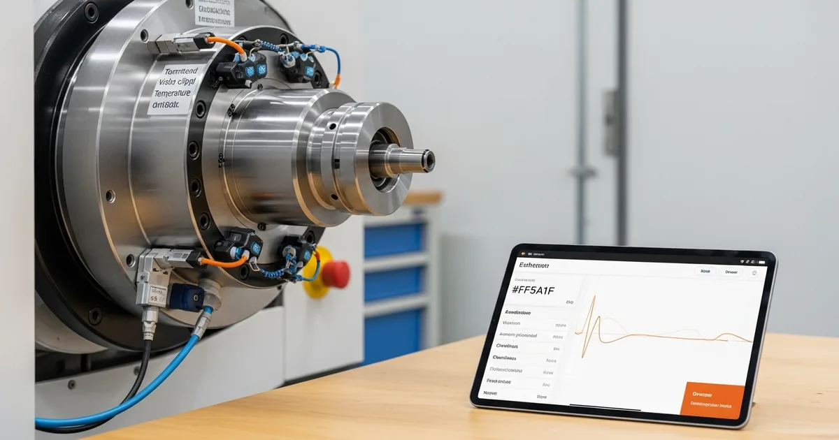 Moderne Produktionshalle mit Sensorik an einer Spritzgussmaschine, Tablet mit Wartungs-Dashboard im Vordergrund