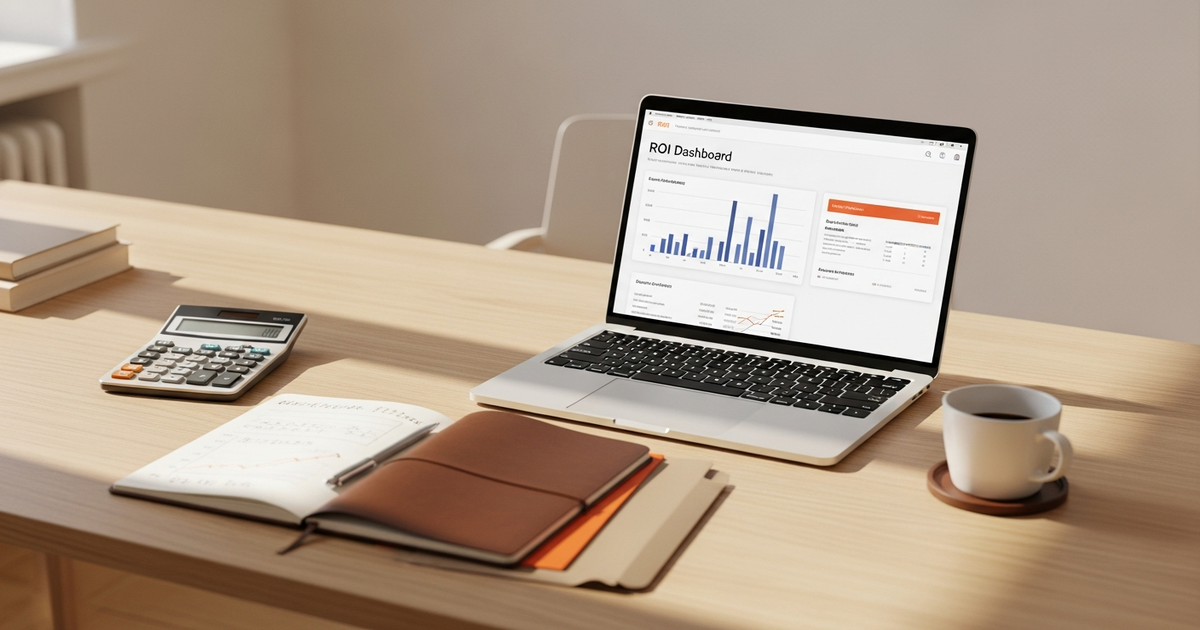ROI KI-Automatisierung Mittelstand, Schreibtisch mit Taschenrechner Notizblock und Laptop, White Fox Automations Hamburg