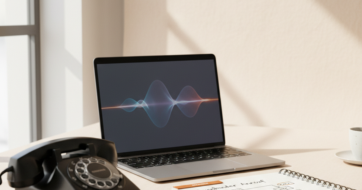 Schreibtisch im Hamburger Büro mit Tischtelefon, Laptop und Notizen zu KI-Voice-Agents im Mittelstand, White Fox Automations