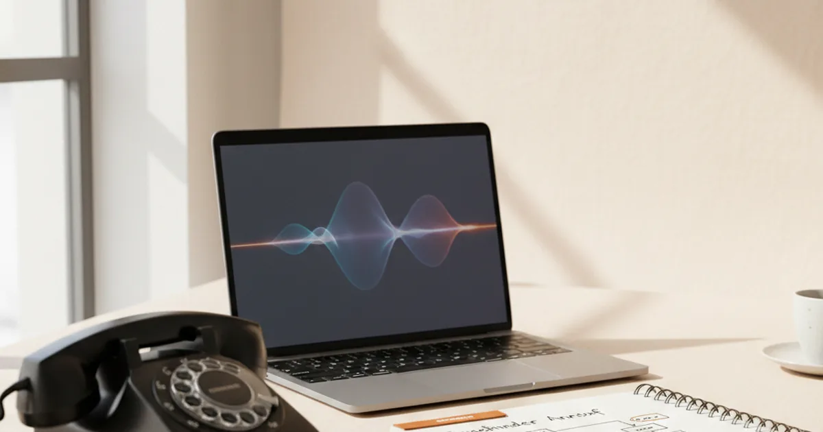 Schreibtisch im Hamburger Büro mit Tischtelefon, Laptop und Notizen zu KI-Voice-Agents im Mittelstand, White Fox Automations